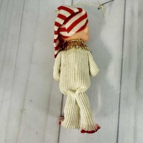 Vintage Rubber Face Pixie Elf Christmas Ornament Japan White Red 5" - Picture 2 of 6